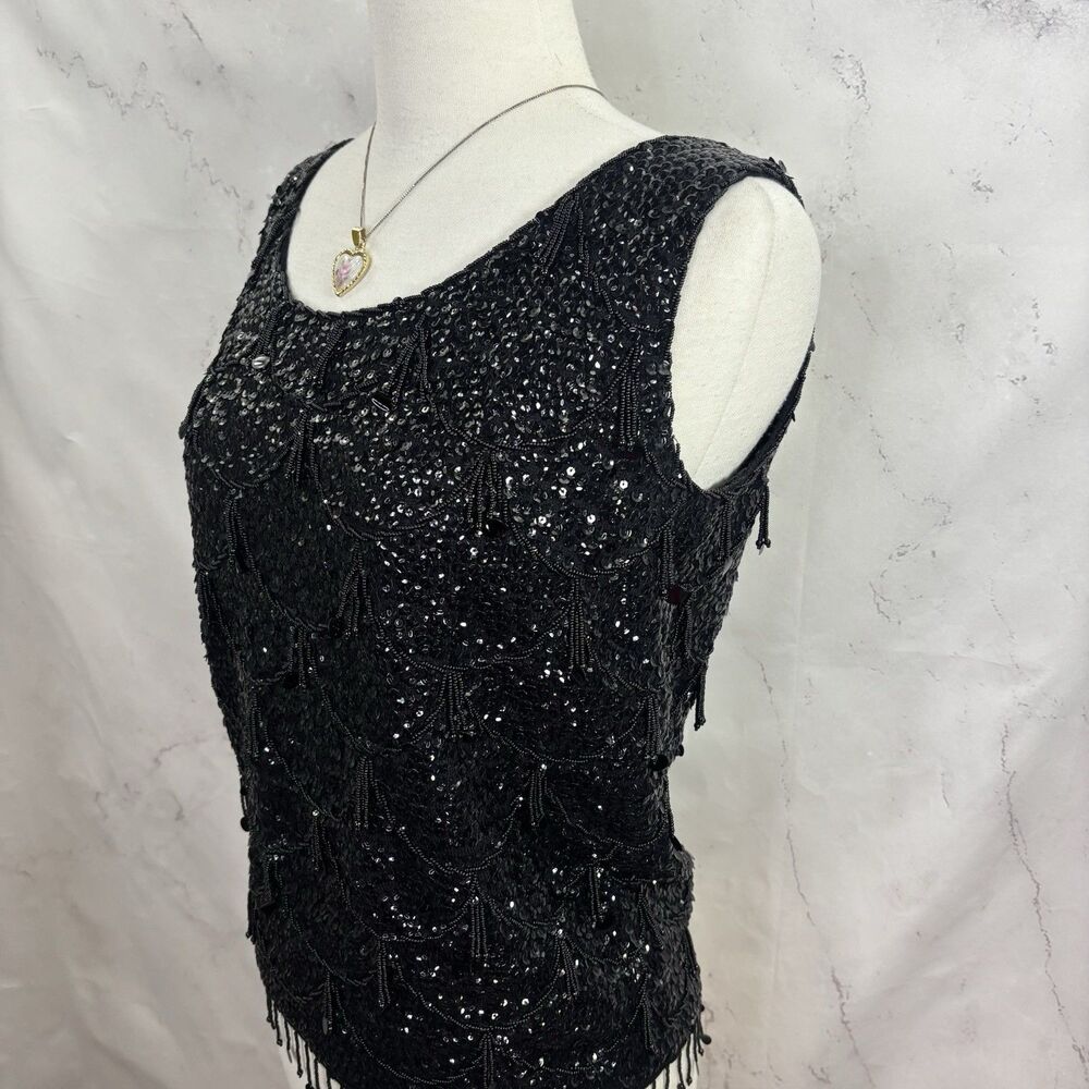 Vintage 60s Flapper Black Shiny Beaded Blouse Top Fringe Sequins Silk M Glam - Picture 14 of 16